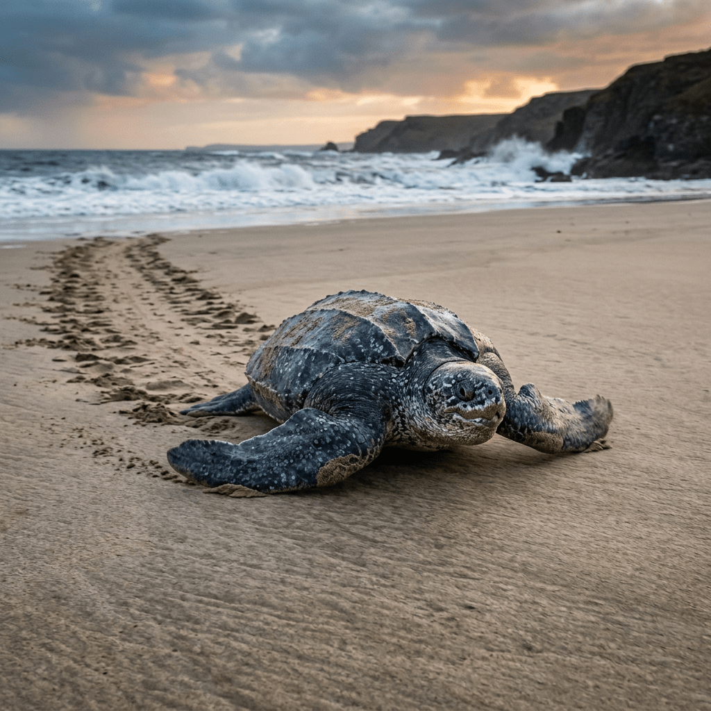 Leatherback sea turtle crawling on a sandy beach near the ocean
