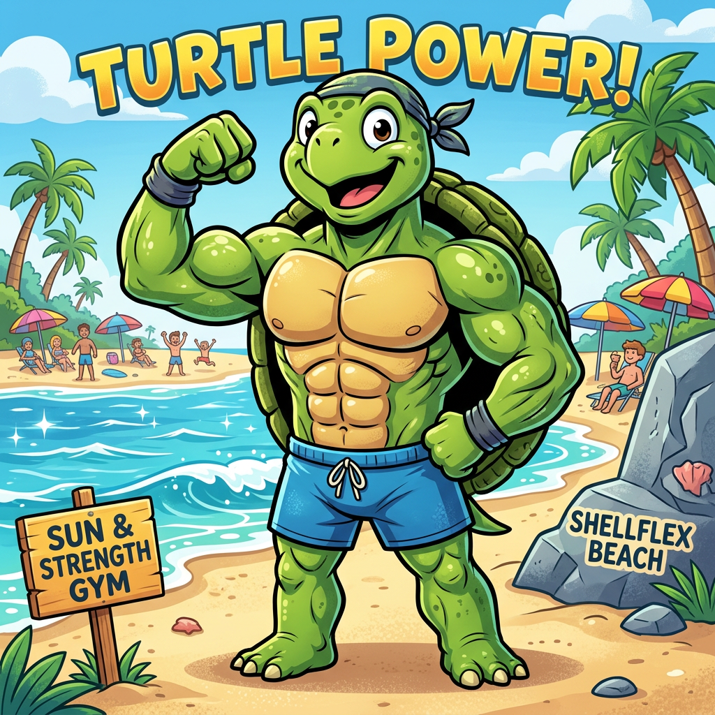 Muscular cartoon turtle wearing blue shorts flexing arm on a beach with palm trees and happy people